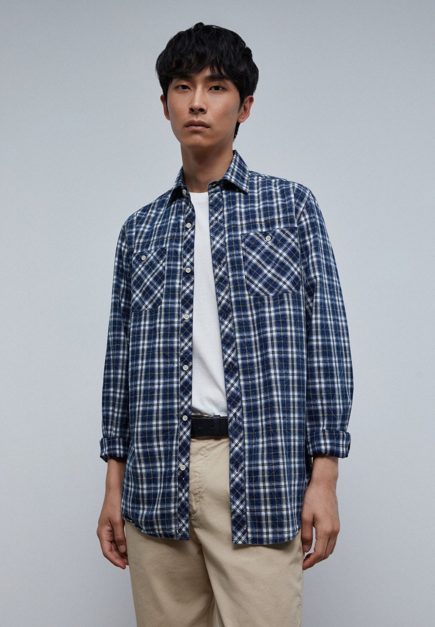 Wholesale scalperscompany Check Shirt With Pockets Denim Check