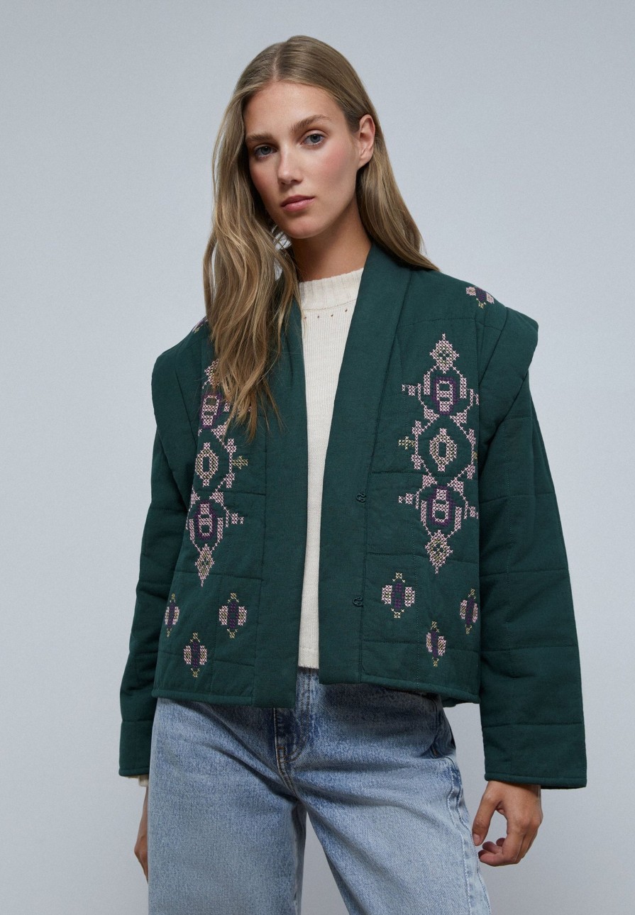 Online scalperscompany Quilted Cardigan With Embroidered Details Green