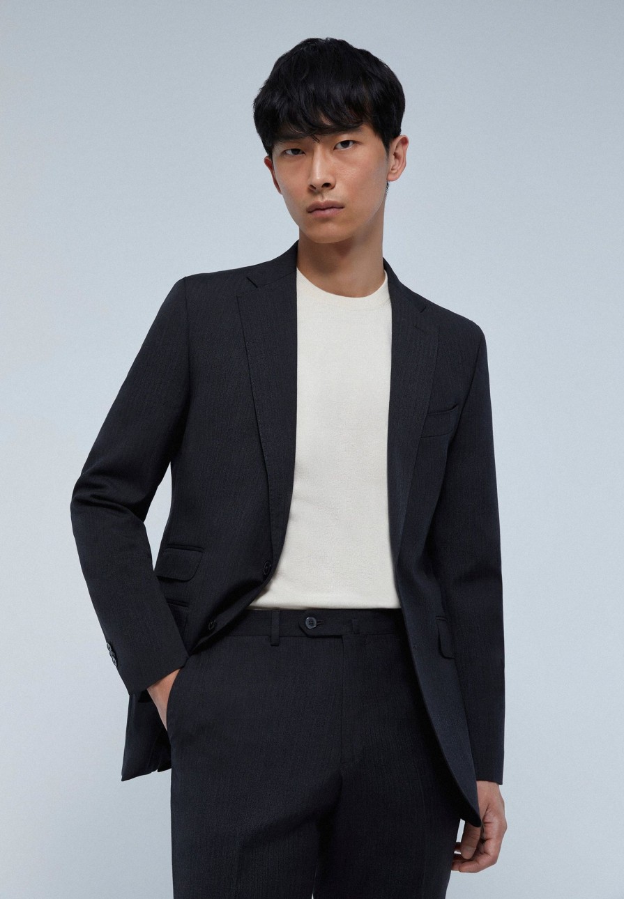 Online scalperscompany Grey Wool Textured Suit Dark Grey Spike