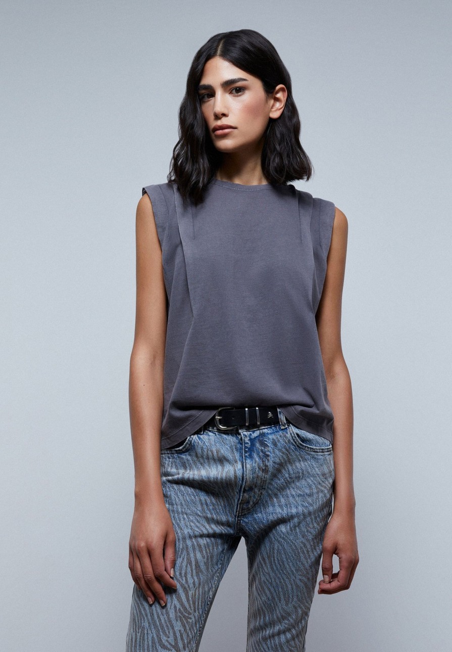 Hot scalperscompany Basic T-Shirt With Pleat Detail Dark Grey