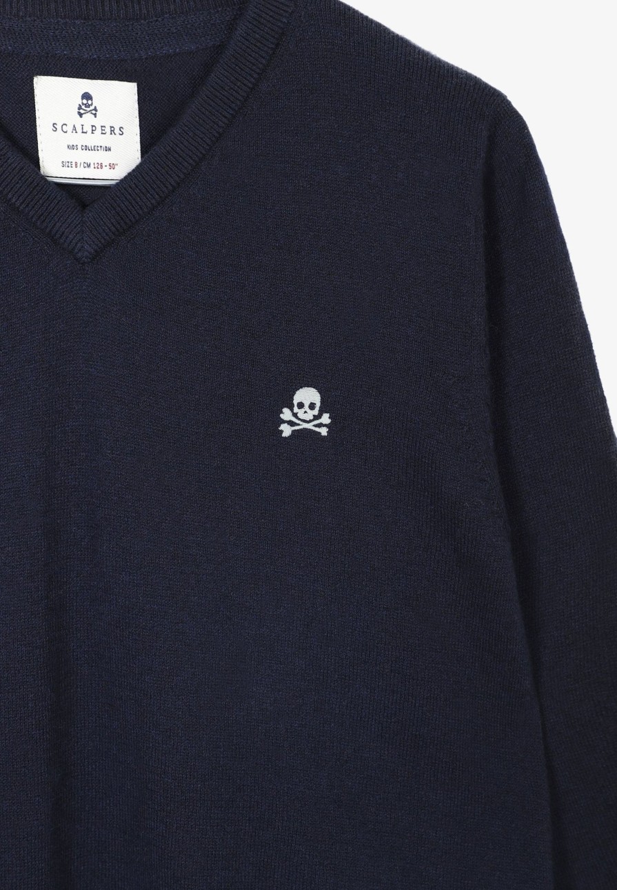 New scalperscompany V-Neck Sweater With Skull Navy