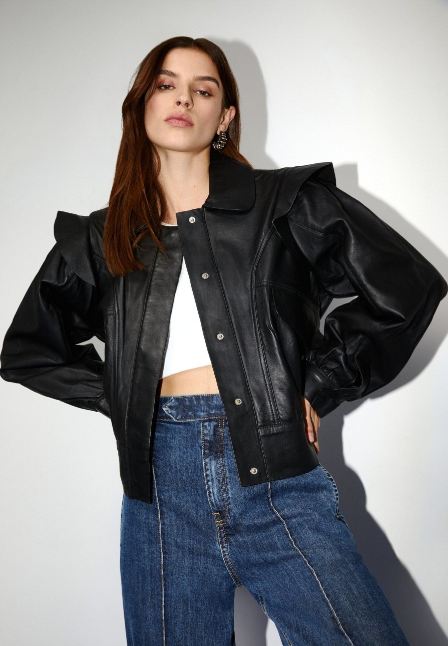 Wholesale scalperscompany Leather Jacket With Shoulder Frill