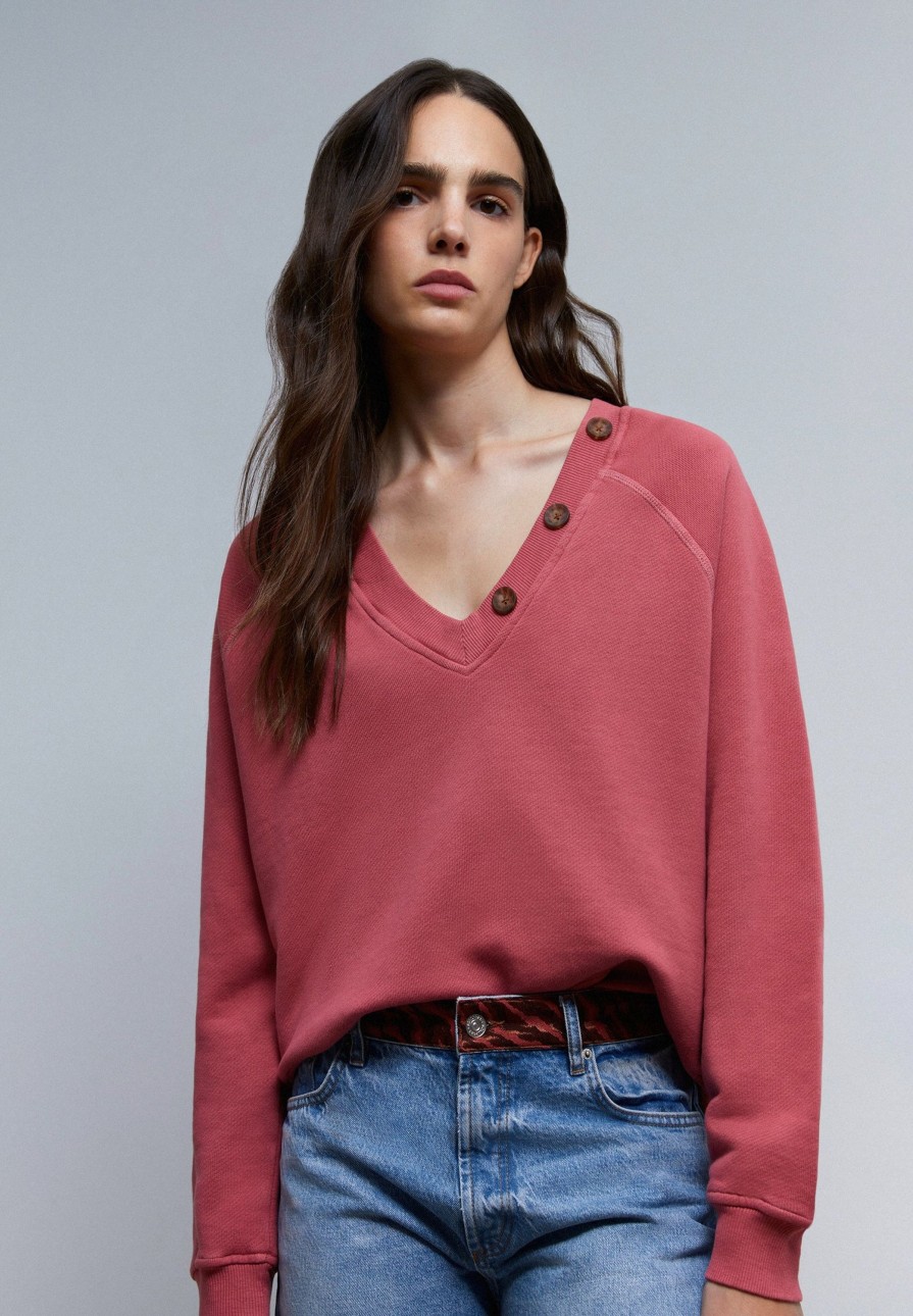 Clearance scalperscompany Buttoned Neck Sweatshirt Raspberry