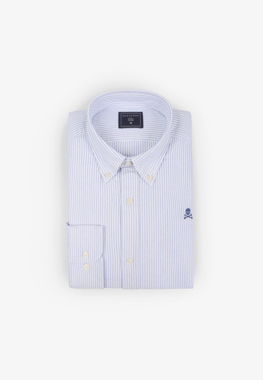 Online scalperscompany Oxford Shirt With Contrast Skull Print Skyblue Stripes