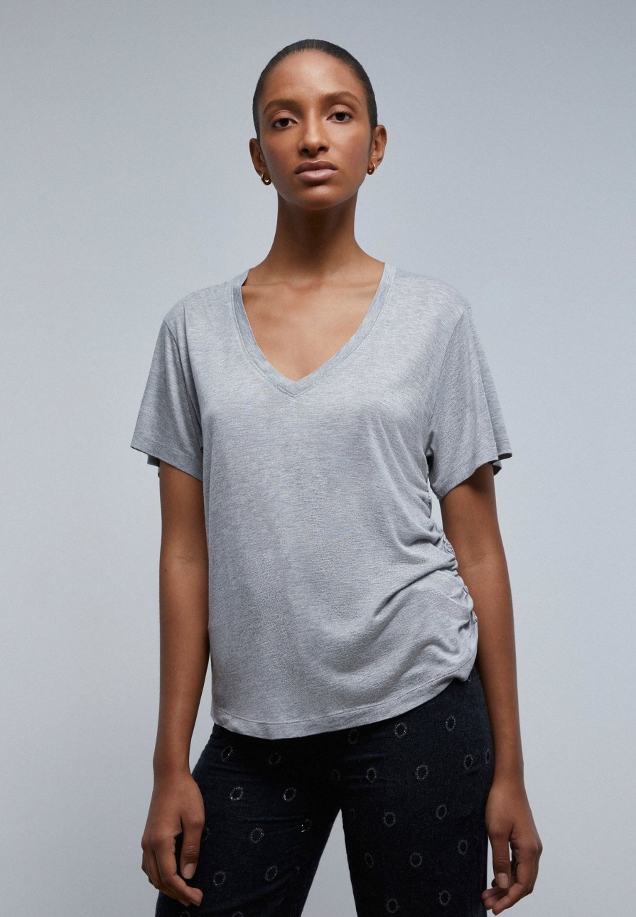 Hot scalperscompany Side Gathered Lurex T-Shirt Grey Melange